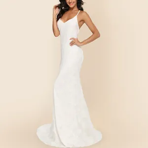 Elegant white V-neck spaghetti strap wedding dress featuring a long lace mermaid train