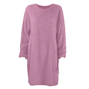 Detailed front view of soft pink fuzzy long-sleeve round neck mid-length plush dress