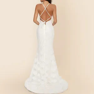 Elegant white lace mermaid wedding dress with sexy backless design and long train