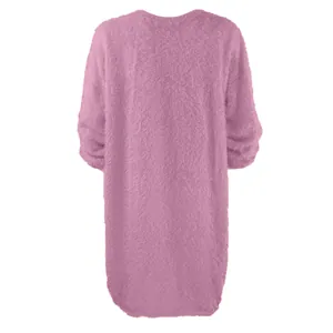 Detail back view of a soft pink fuzzy long-sleeve sweater dress with a loose fit