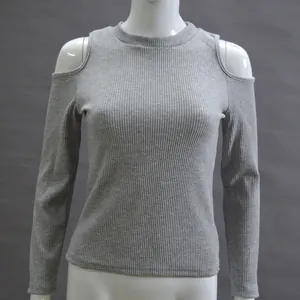 Detail showing the ribbed texture and cold-shoulder design of grey knit sweater