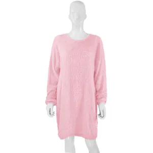 Close-up of pink fuzzy long sleeve round neck midi dress with plush texture