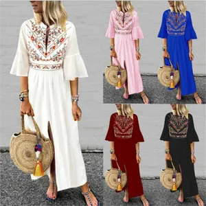 Robe Maxi Imprimée Florale Style Ethnique pour Femmes Décontractée Manches Cloches Col en V Bohemian Patchwork Fente Robe de Vacances
