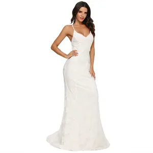 Elegant white V-neck lace wedding evening dress with spaghetti straps and long train