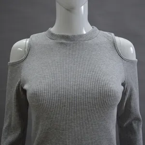Detailed view of women's gray ribbed knit long-sleeve sweater featuring cold-shoulder cutouts