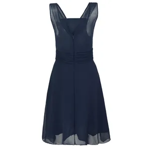 Back view of navy blue chiffon bridesmaid cocktail dress with elegant zipper detail