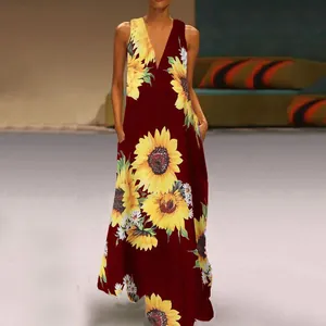 Women's Bohemian Sunflower Print Maxi Dress V-Neck Sleeveless Summer Long Dress With Pockets Polyester Casual Beach Dress