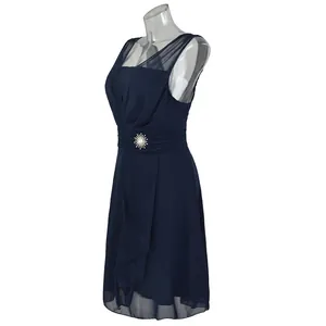 Detail of elegant navy blue sleeveless cocktail dress with rhinestone waist decoration