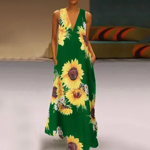 Elegant Bohemian V-neck sleeveless maxi dress with vibrant sunflower print and pockets
