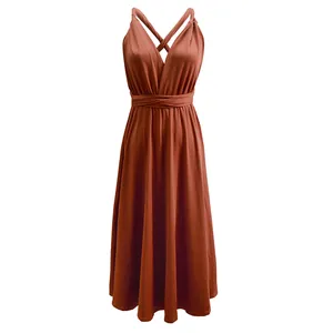 Robe portefeuille convertible multi-positions terre cuite avec jupe évasée en ligne A