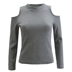 Grey ribbed knit long-sleeve top with cold-shoulder cutouts and stylish mock neck