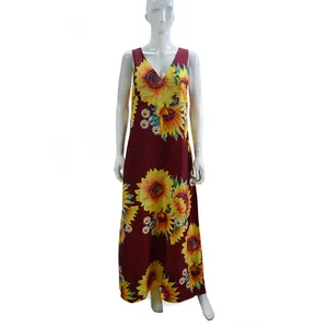 Bohemian sunflower print V-neck sleeveless maxi dress for women summer beach long dress