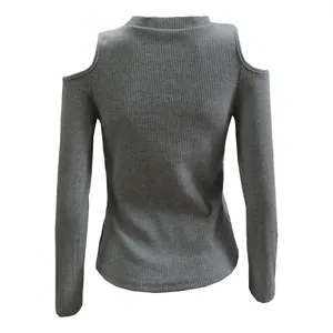 Detailed back view of a grey ribbed knit long sleeve cold shoulder sweater for women