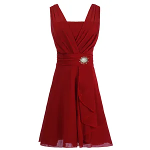 Elegant red V-neck sleeveless cocktail dress with sparkling waist brooch detail