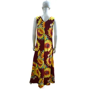 Detailed back view of a bohemian maxi dress with yellow sunflower print on a burgundy base