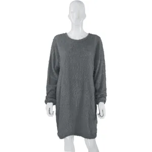 Detail of a gray fuzzy long-sleeve dress with a cozy plush texture on a mannequin
