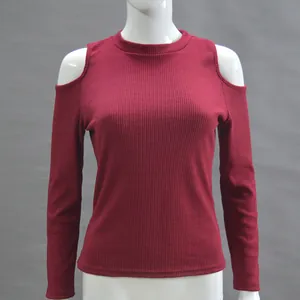 Burgundy long-sleeved cold-shoulder ribbed knit top for women with a mock neck design