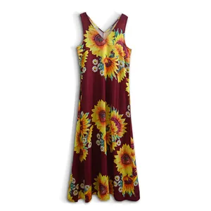 Vibrant sunflower print V-neck sleeveless bohemian maxi dress in burgundy