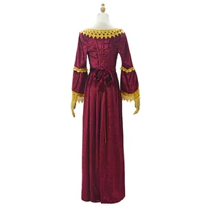 Elegantes burgunderrotes mittelalterliches Samtkleid mit goldener Spitze und Schnürung