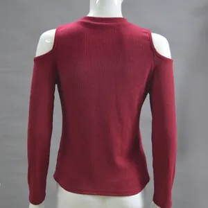 Back view detail of burgundy cold-shoulder ribbed knit long-sleeve top on mannequin