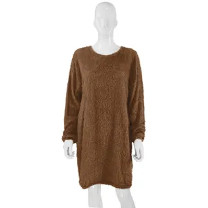 Brown long-sleeved oversized plush crewneck dress shown on a white studio mannequin