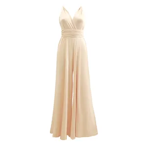 Elegant champagne multi-way wide-leg jumpsuit with silky finish detail shown in full