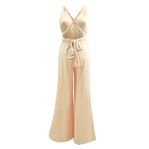 Elegant champagne multi-way wrap wide-leg jumpsuit displayed on a clean white background