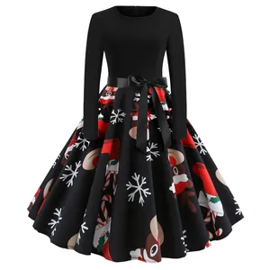 Vestido de Navidad vintage negro de manga larga con estampados de renos y copos