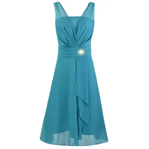 Elegant teal blue V-neck chiffon bridesmaid dress with a rhinestone sunburst brooch