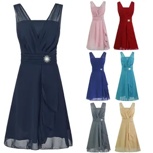 Selection of V-neck chiffon bridesmaid dresses in various colors with rhinestone detail