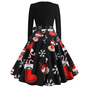 Vestido Midi de Mujer Vintage Estampado Navideño Manga Larga Línea A Cuello Redondo Mezcla de Algodón Retro Party Swing Estampado Papá Noel Reno