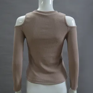 Detailed back view of a brown ribbed knit cold-shoulder sweater for women with long sleeves