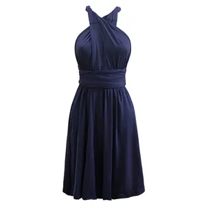 Front view of navy multi-way infinity dress with a wrapped halter neckline design