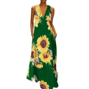 V-neck sleeveless sunflower print bohemian maxi dress with pockets for summer style