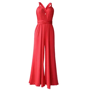 Elegant red multi-way convertible jumpsuit with high waist and flowing wide-leg design