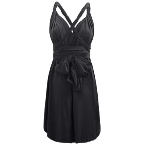 Elegant black multi-way convertible short dress with wrap waist and sexy open back.
