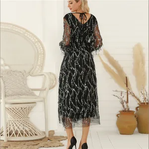 Elegant black V-neck sequin fringe party dress with mesh long sleeves for women