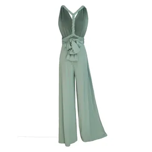 Detailed view of a sage green multi-way jumpsuit with versatile wide-leg design