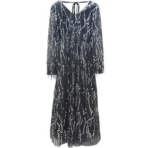 Elegant black V-neck maxi dress featuring sparkling silver sequin patterns and long sleeves.