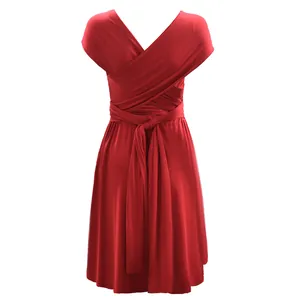 Back view of a versatile red multi-way wrap cocktail dress with sexy backless tie design.