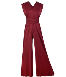 Elegant burgundy multi-way wide-leg jumpsuit with v-neck and cinched waist design