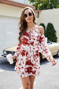 Bohemian style off-shoulder tie-dye print mini dress with elastic waist for vacation