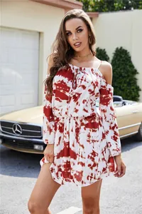 Casual red and white tie-dye off-shoulder mini dress with elastic waist and straps.