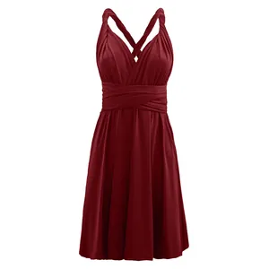 Close-up of dark red multi-way infinity dress with cross-over bandage straps