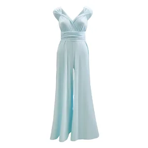 Elegant light blue multi-way wrap jumpsuit featuring stylish wide-leg trousers design