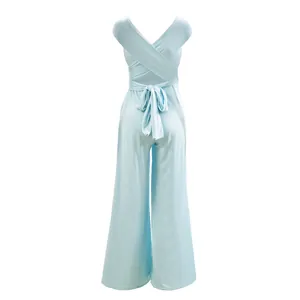 Elegant light blue multi-way wrap wide-leg jumpsuit featuring a stylish back view detail