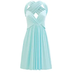 Detailed front view of a light blue multi-way sexy backless wrap dress for summer