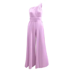 Detailed front view of a stylish light purple one-shoulder multi-way wide-leg jumpsuit