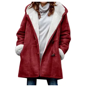 Women's warm winter mid-length hooded coat with white fleece lining and toggle buttons