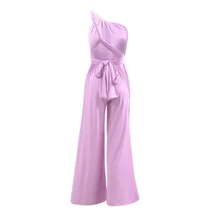 Detail view of purple one-shoulder multi-way wrap wide leg jumpsuit with waist tie